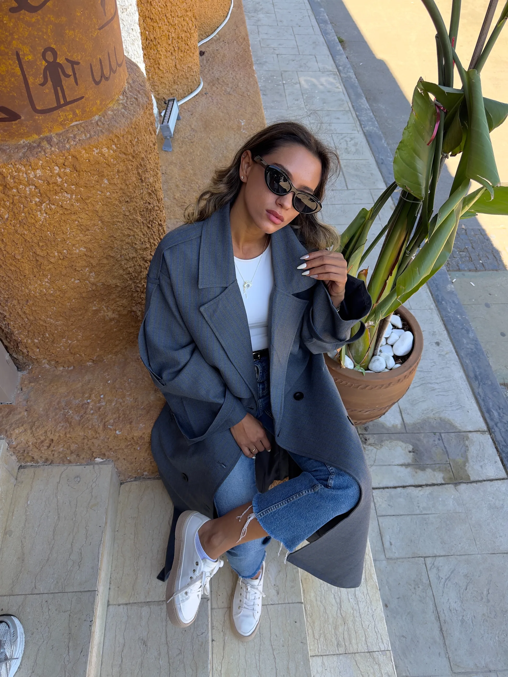 Çizgili Oversize Trençkot