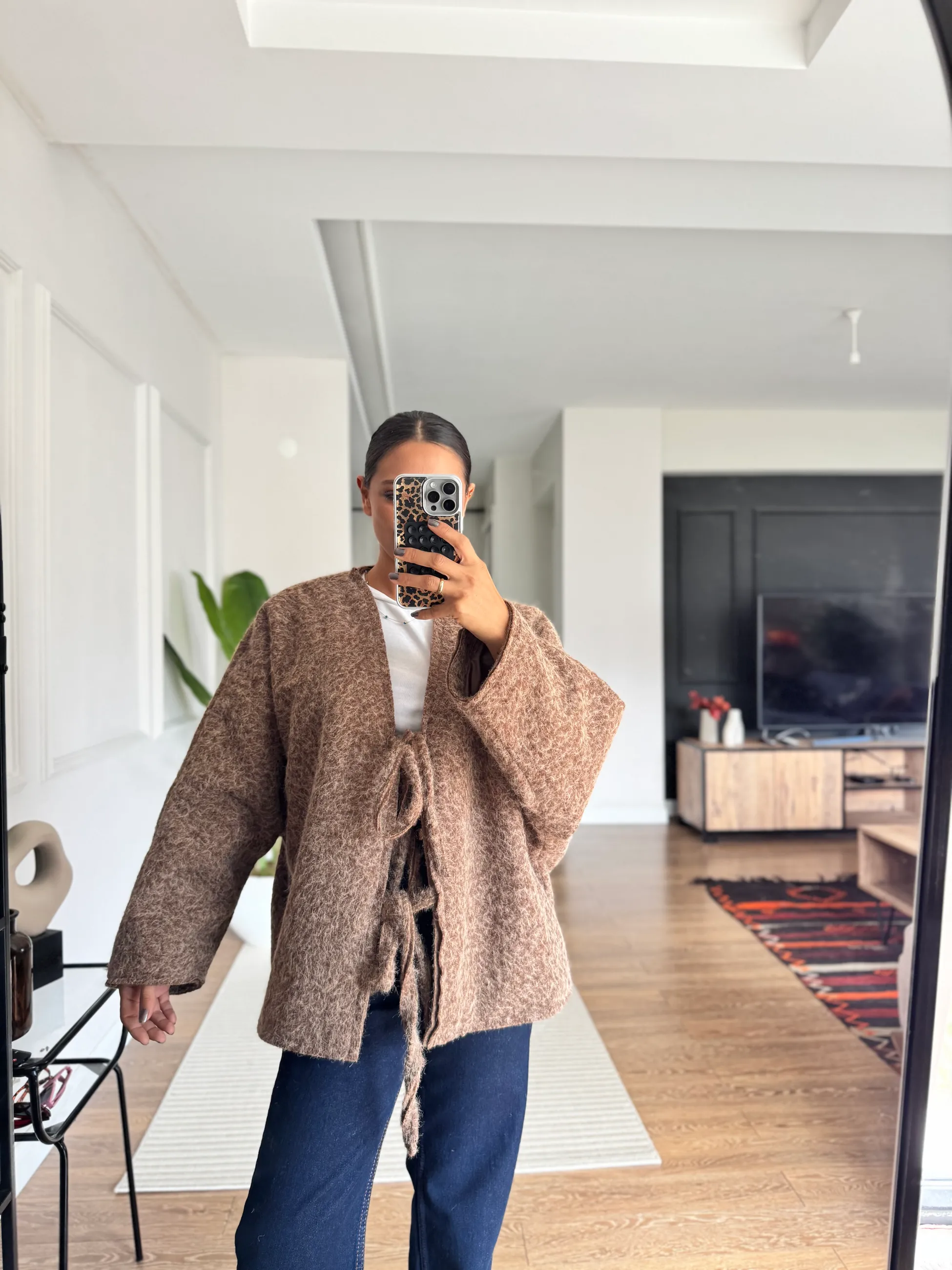 Oversize Bağcık Detaylı Sakallı Ceket
